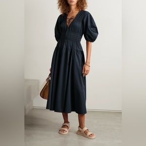 NWOT - La Ligne - Tie-detailed shirred cotton-sateen midi dress - Size M